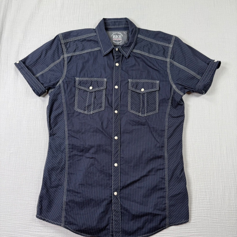 BKE Pearl Snap Shirt Men Medium Tailored Fit Blue Western Short Sleeve Flip Cuff - Picture 3 of 7